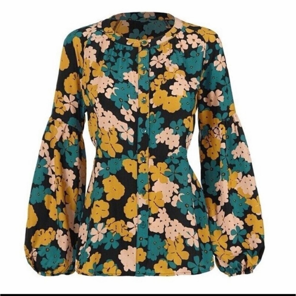 Cabi Busy Blouse 4158  Floral Button Front Balloon Sleeve Black Teal Mustard L